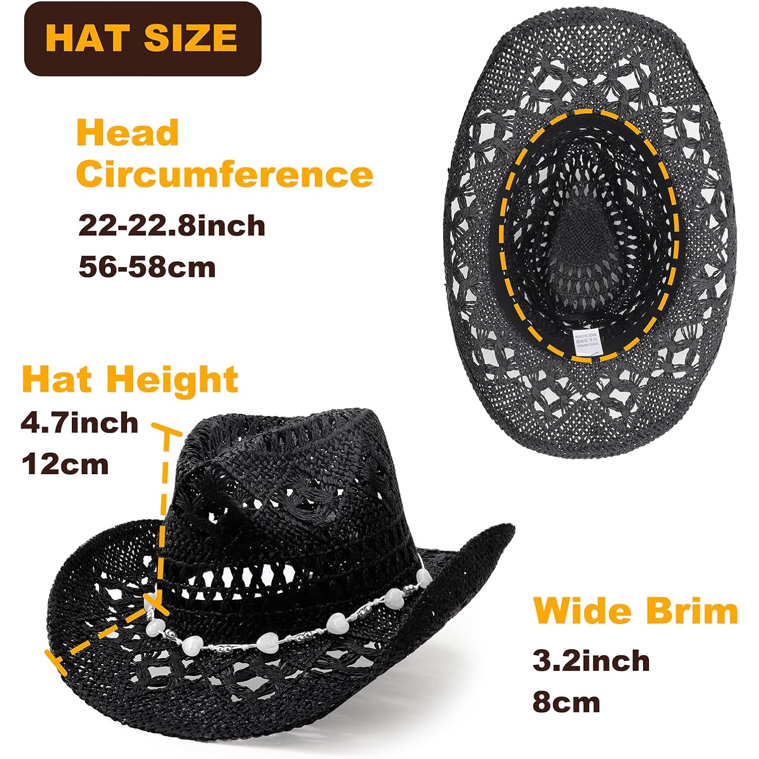 DRESHOW Straw Cowboy Cowgirl Hat for Women Men Western Coastal Cowboy Beach Hat with Shapeable Brim Unisex Rolled up Caps 1 Pack Hollowed Pattern: Black