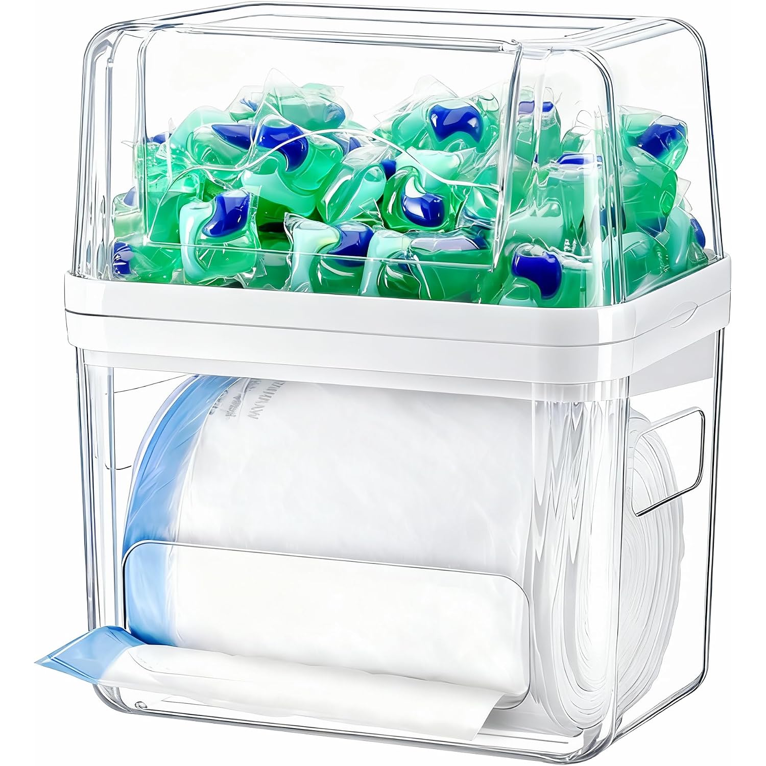 Icasa Trash Bag And Dishwasher Pod Dispenser - 3 In 1 Clear Storage Bins Holder For 13/30/33 Gallon Garbage Bags, Laundry Detergent Pods & Tabs, Under Sink Organizer For Kitchen And Laundry Room