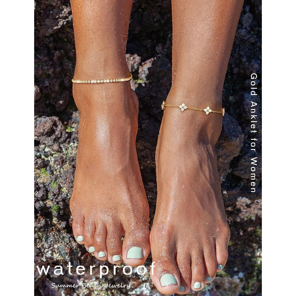 RLMOON Gold Silver Anklets for Women CZ Ankle Bracelet 14K Gold Plated Waterproof Layered Stackable Tennis Dot Chain Anklet Trendy Summer Beach Foot Jewelry