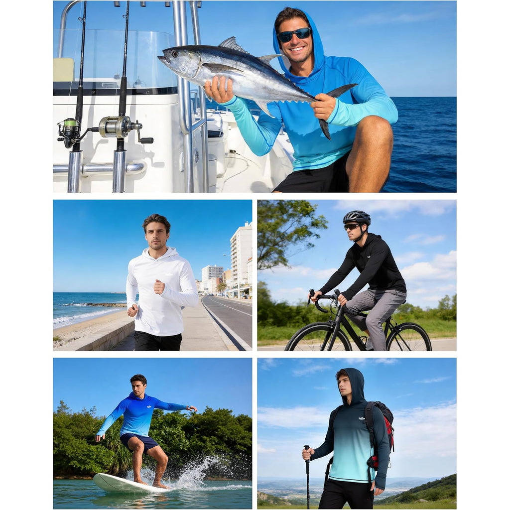 Men'S Upf 50+ Sun Hoodie, Long Sleeve Uv Protection Hooded Fishing Shirts, Lightweight Swim Surfing Rash Guard