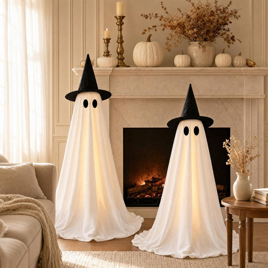 Halloween Decorations Indoor - 2 Pack Light Up Ghosts Easy To Assemble Adjustable Height Spooky Halloween Party Decorations For Porch Yard Mantel Home