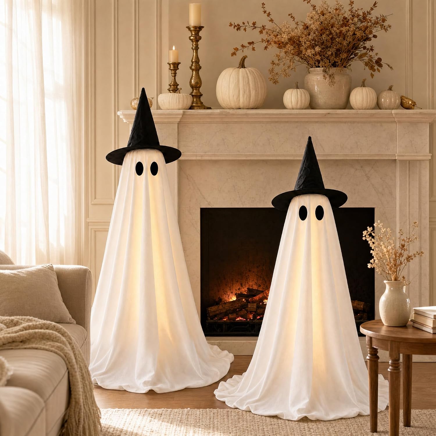 Halloween Decorations Indoor - 2 Pack Light Up Ghosts Easy To Assemble Adjustable Height Spooky Halloween Party Decorations For Porch Yard Mantel Home