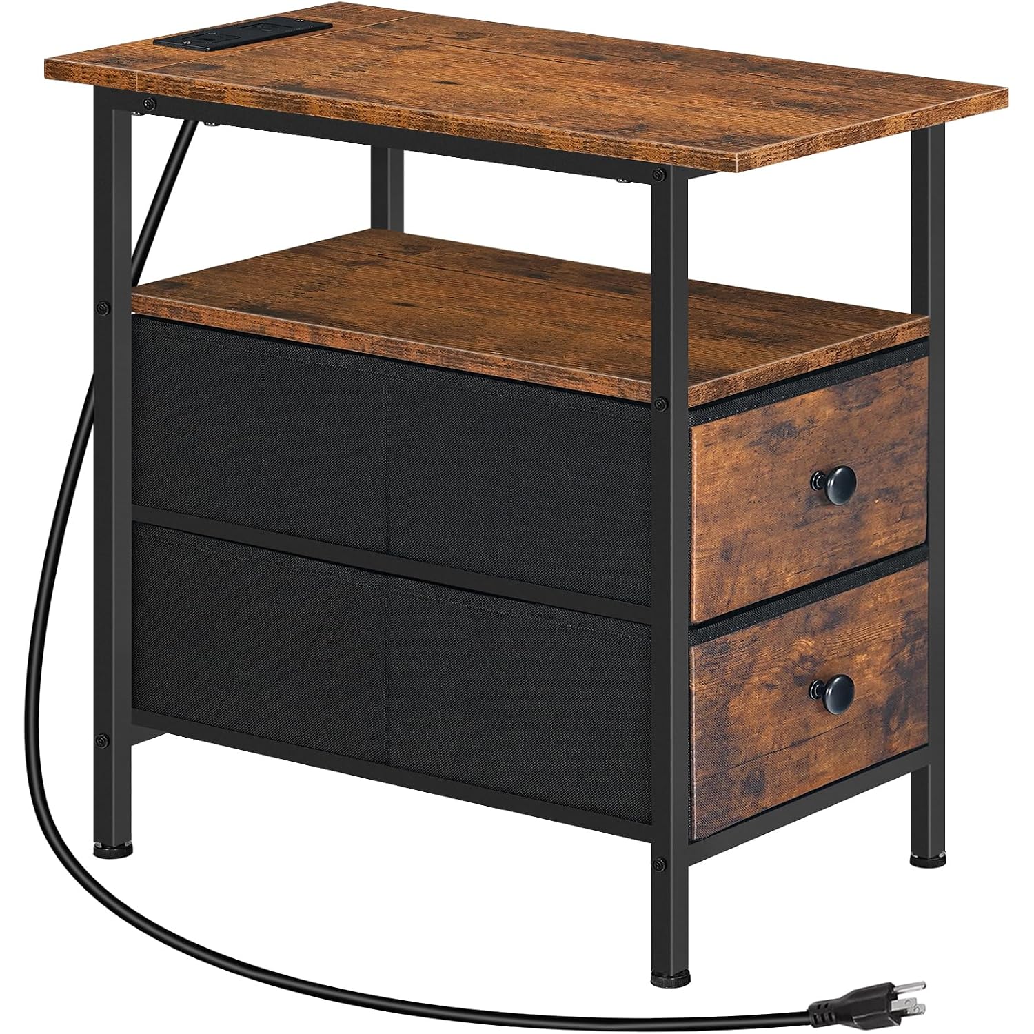 Hoobro End Table With Charging Station, Narrow Side Table, Nightstand With 2 Non-Woven Drawers, Slim Sofa Side Table, For Small Spaces, Living Room, Bedroom, Rustic Brown And Black Bf486Ubz01