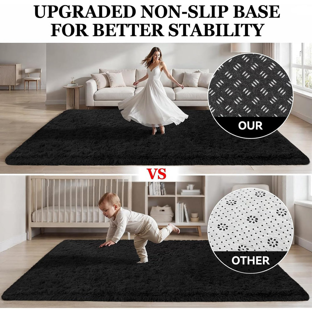 Area Rug For Living Room Bedroom: 5X7 Soft Fluffy Shag Rugs Upgrade Non-Slip High Pile Carpet Large Fuzzy Plush Indoor Floor Shaggy Carpets For Nursery Kid Playroom Office Dorms Home Decor Black