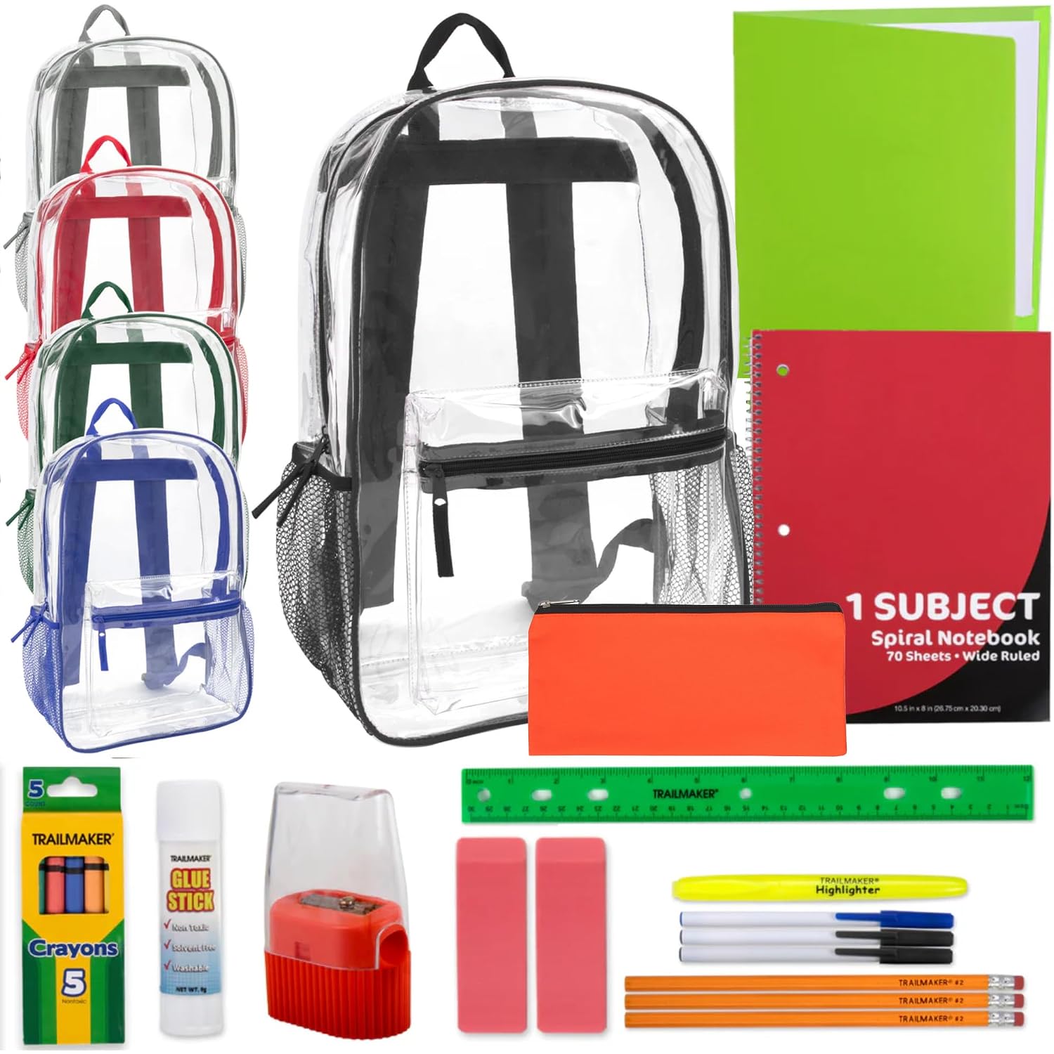 Trail Maker 24 Pack Bulk Clear Backpack Heavy Duty With School Supplies, Side Pockets For Kids, Boys, Girls, School, Stadium Approved (Multicolor Pack)