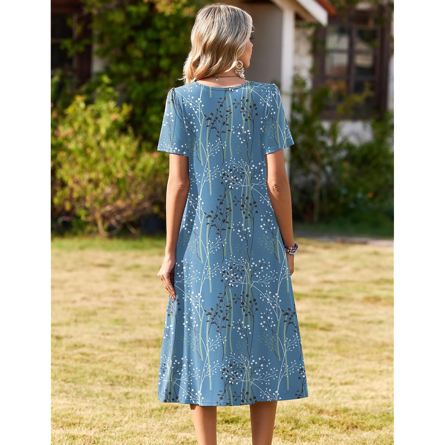 Zeagoo Womens Casual Dresses For Summer Short Sleeve Flare Midi Dress Loose Beach Sundress Pleated Front Dress With Pockets