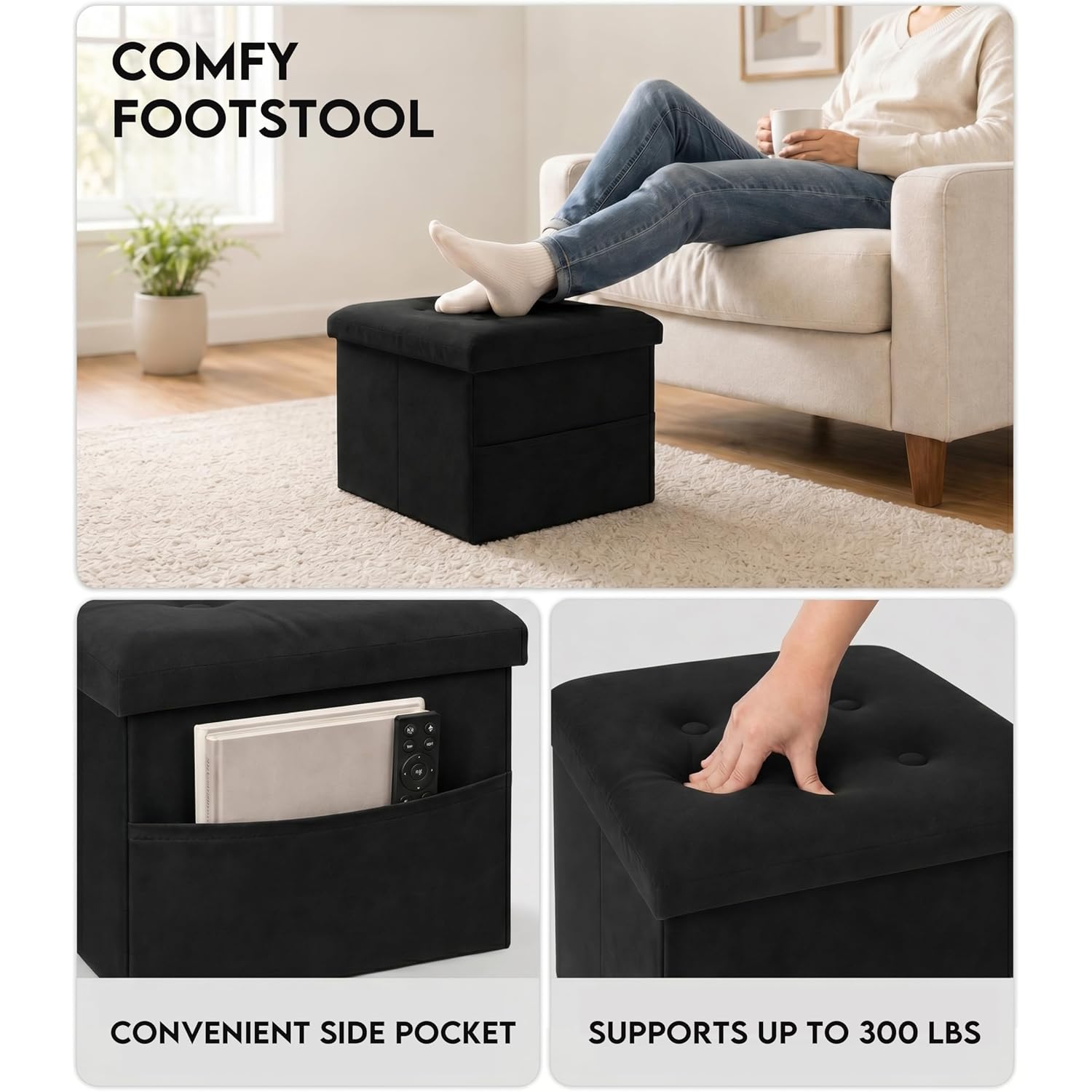 Zoes Homeware Small Storage Ottoman Foot Rest, Velvet Ottoman With Storage And Side Pocket, Black Foot Rest For Couch, Foldable Footstool For Chair, Living Room&Dorm, 16"X12"X12"