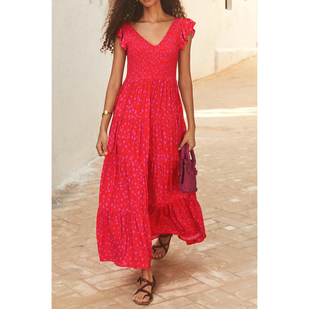 Prettygarden Women'S Summer Flowy Maxi Dress Casual Cap Sleeve V Neck Smocked Beach Sundress