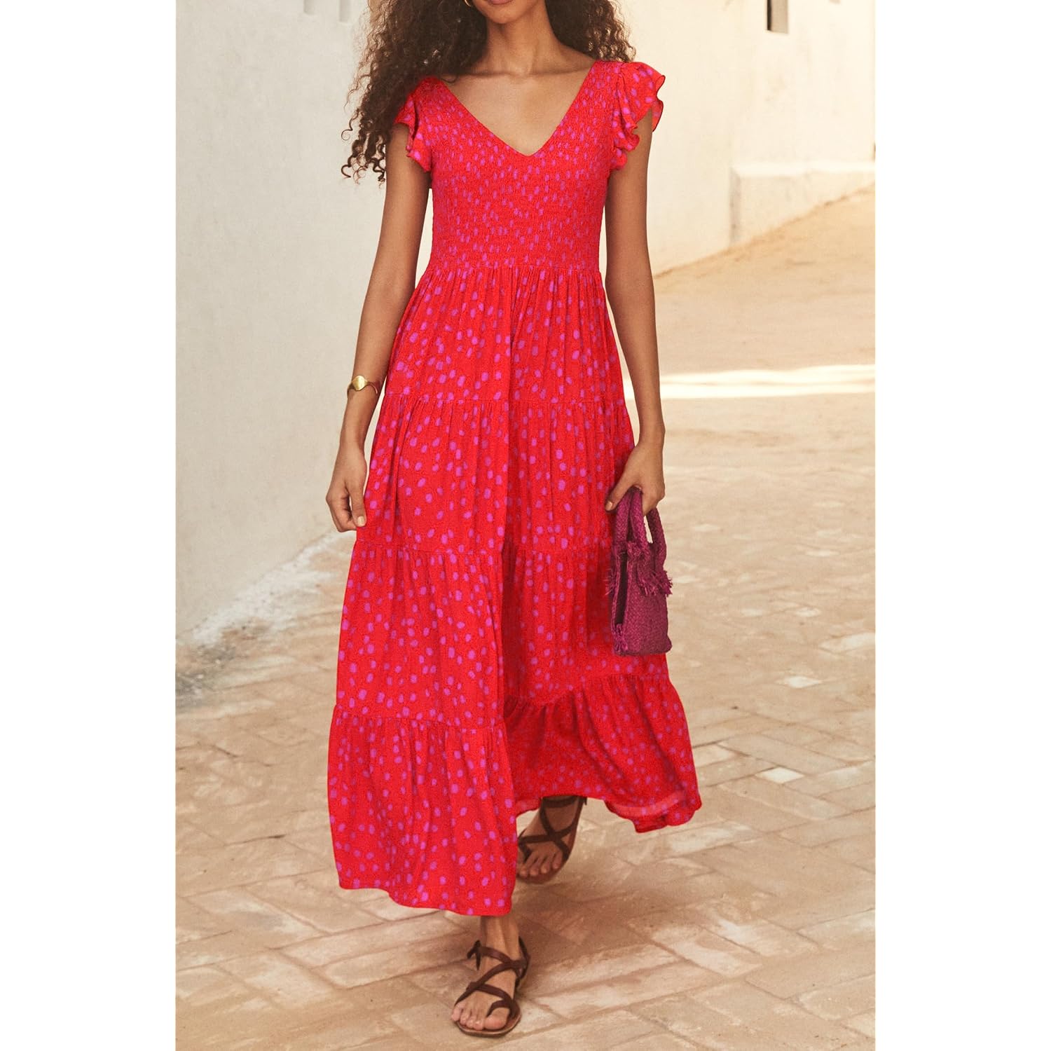 Prettygarden Women'S Summer Flowy Maxi Dress Casual Cap Sleeve V Neck Smocked Beach Sundress