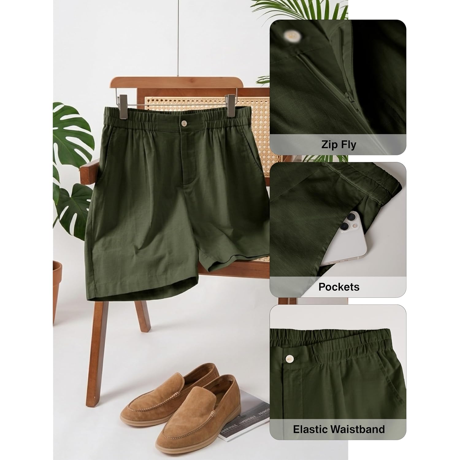 Kallspin Men'S Linen Blend Flat Front Shorts 9" Lightweight Casual Shorts With Elastic Waist And Side Pockets