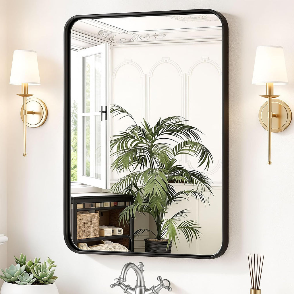 Sweetcrispy Bathroom Wall Mirror, 36X24 Inch Mirror For Over Sink, Black | Modern Wall Mount Vanity Mirror Rounded Rectangle With Matte Brush Metal Framed, For Home Decor, Living Room, Bedroom