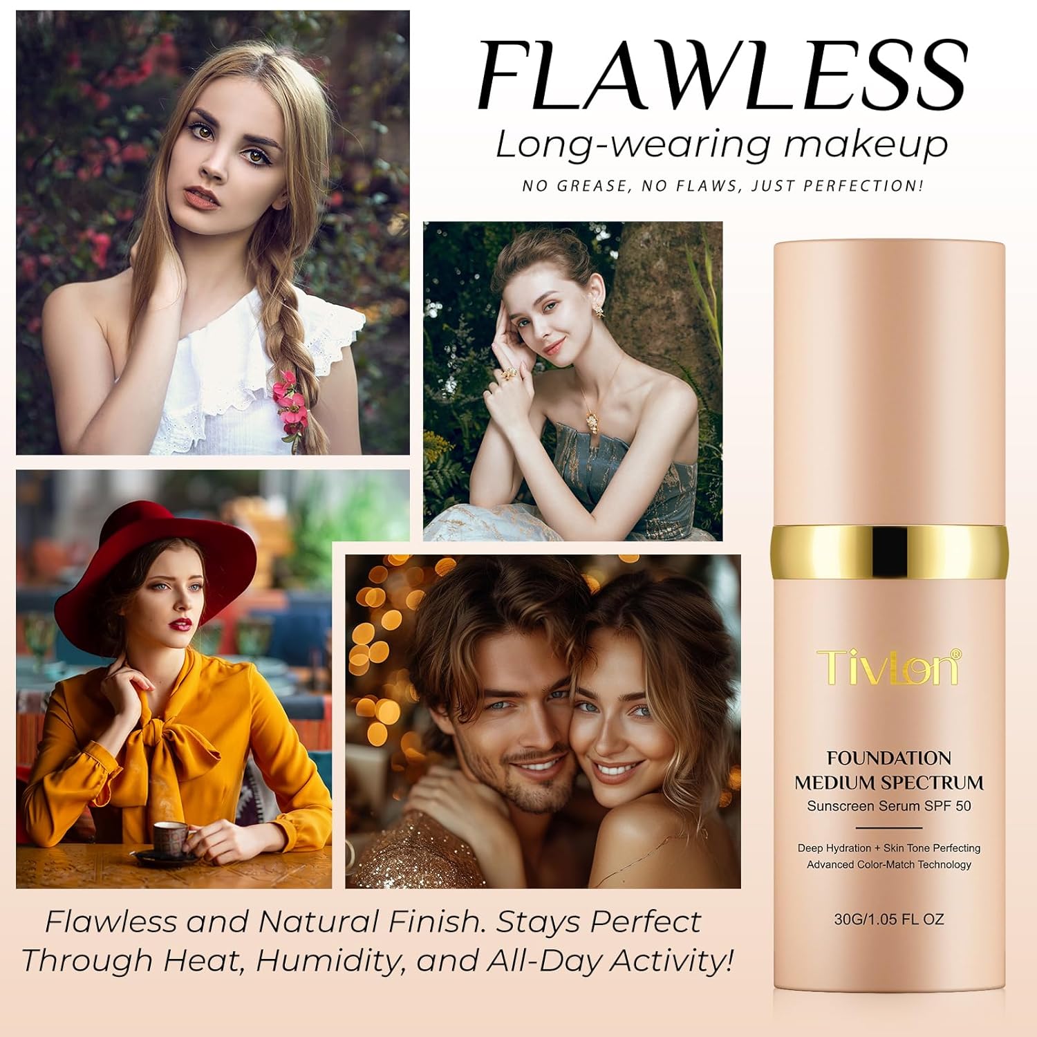 Foundation 4 in 1 - Medium Spectrum with SPF 50+, Anti-Aging, Concealer, Sun Protection, Hydrating Color Changing Foundation Makeup Liquid - Longwearing & Waterproof for Sport, Dancing (1PC, 30ml)