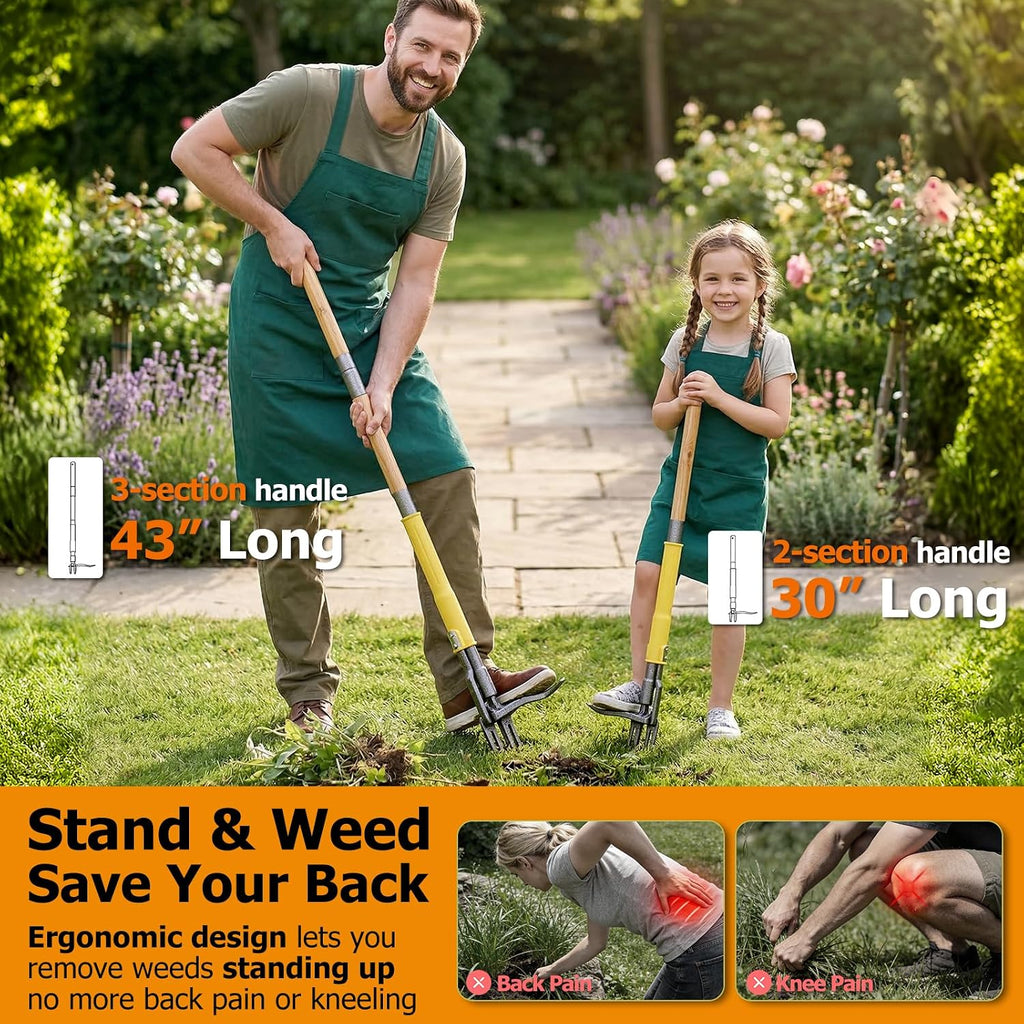 Weed Puller Tool Stand Up With Slide-Release Ejection, Reinforced Steel Weeder With 3-Section Long Handle, No-Touch Cleaning For Lawn & Garden, Heavy Duty No Bend Weeding Tool For Dandelions, Thistles