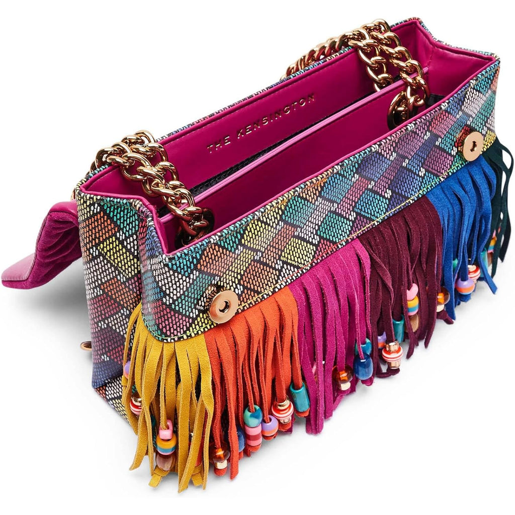 KURT GEIGER LONDON Kensington Leather Fringe Shoulder Bag | Double chain strap, Magnetic closure, Bead accent