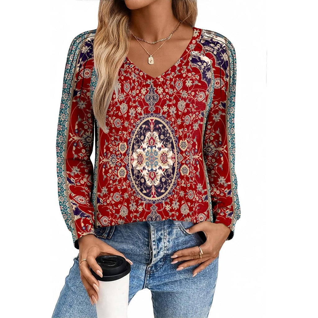 Zeagoo Womens Long Sleeve Tops V Neck Pleated Shirts Dressy Casual Blouses Fall Fashion Tunic Clothes 2026 T-Shirts
