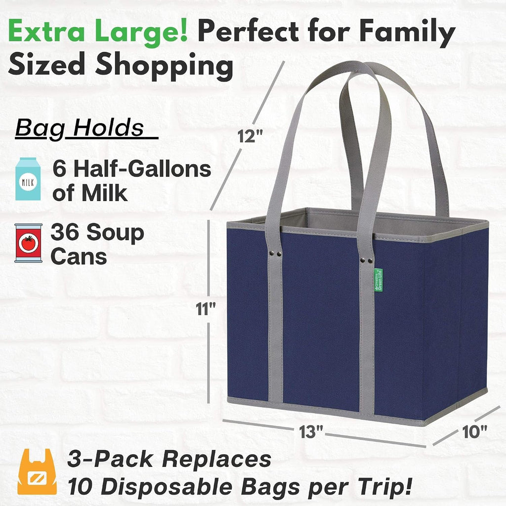 Reusable Grocery Bags (3 Pack) – Heavy Duty Reusable Shopping Bags With Box Shape To Stand Up, Stay Open, Fold Flat – Large Tote Bags Are Foldable With Long Handles & Hard Bottom (Navy Blue)