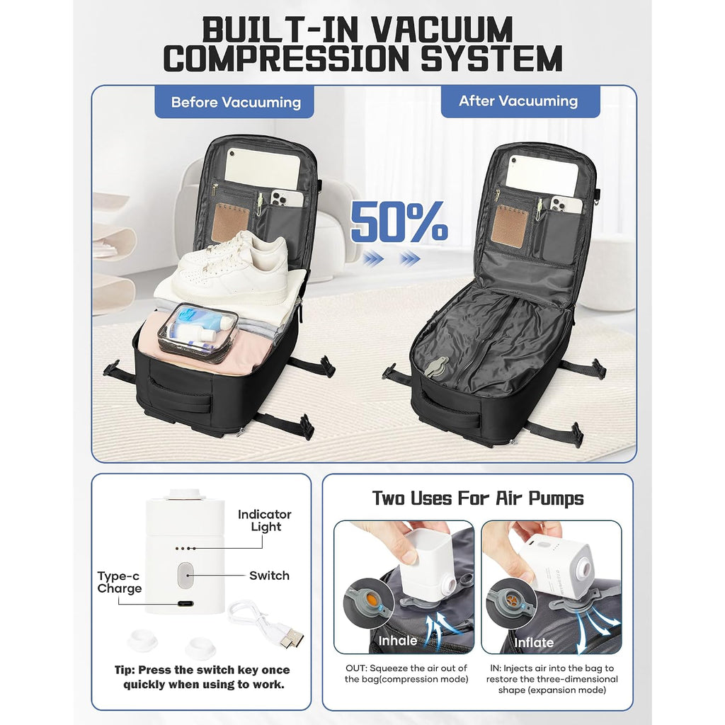 Wonhox Vacuum Seal Backpack For Travel With Air Pump Compression Vacpack Carry On Flight Approved Daypack Laptop Space Saver Bags Storage With Vacuum System 18X14X8 Inches Travel Bag Women Men Black