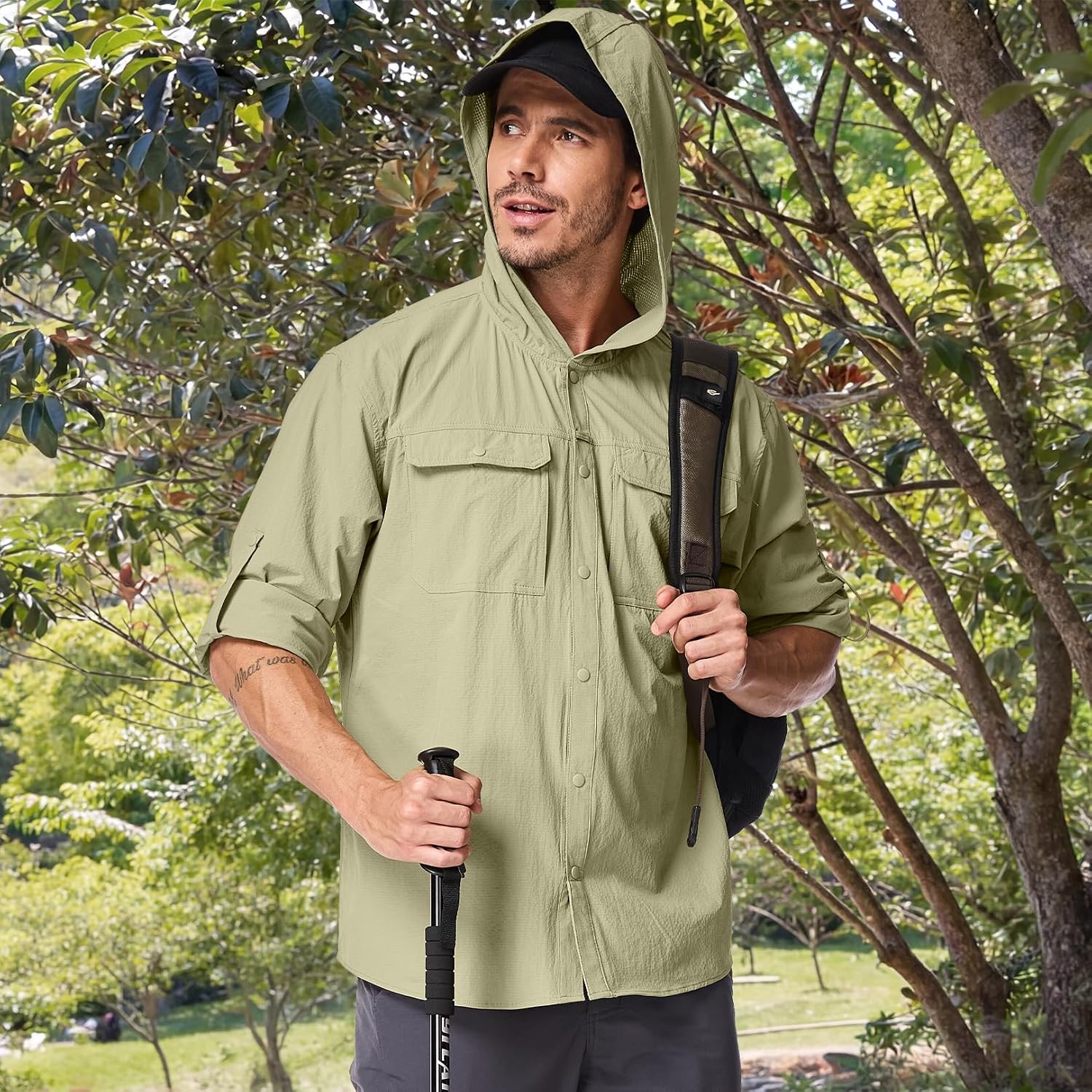 Mens Sun Protection Hiking Fishing Safari Shirts With Hood Long Sleeve Outdoor Quick Dry Shirts Hoodie