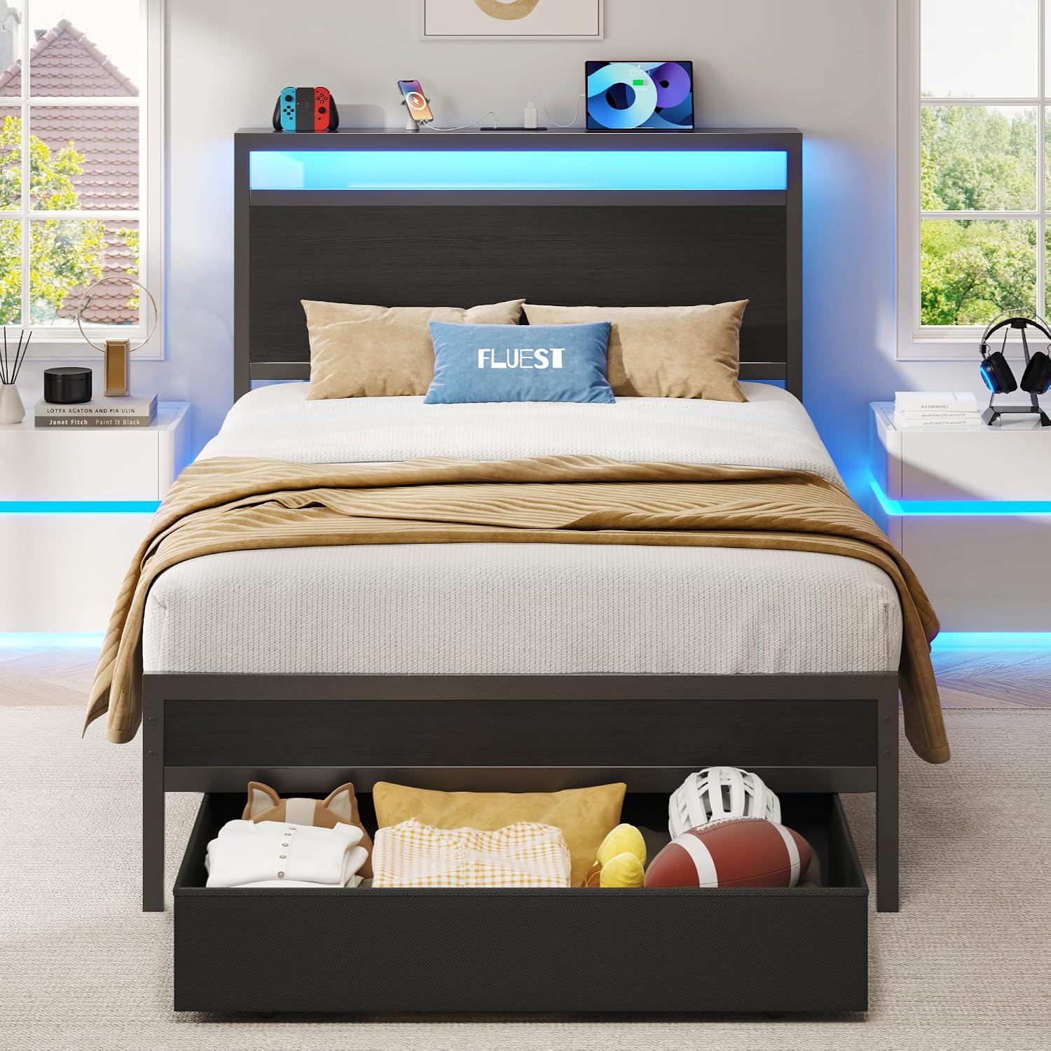 Twin Bed Frame,Twin Bed Frame With Storage Headboard & Storage Drawer, Charging Station & Led Light, No Box Spring Needed, Noise Free, Easy Assembly, Classic Black
