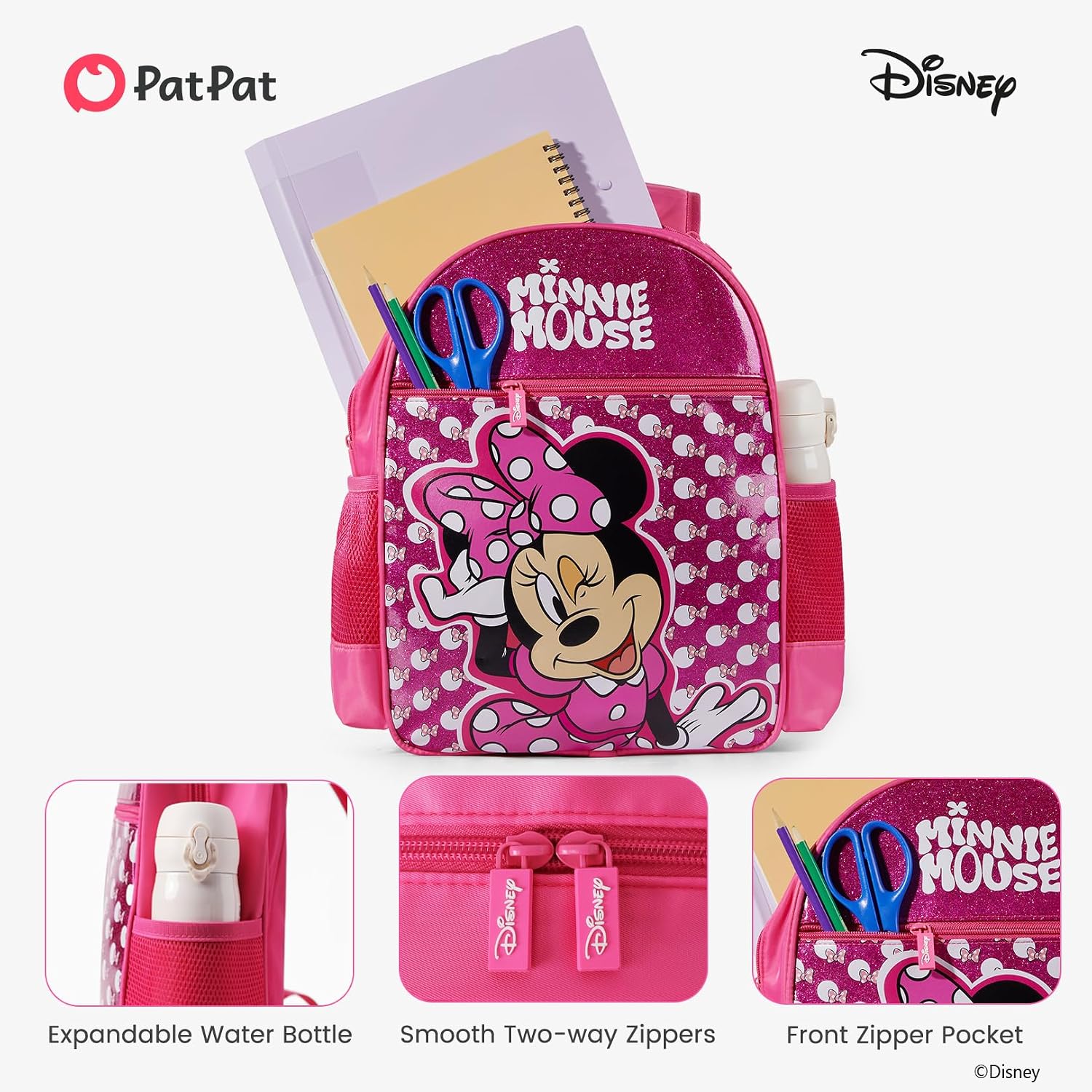 Disney Minnie Mouse Girls Backpack For Elementary Kindergarten, Medium 12L | Glitter Water-Stain-Tear-Resistant, Lightweight 350G, Ergonomic Padded Adjustable Strap, Chest Strap Support Large Capacity