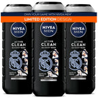Nivea Men Real Madrid Limited Edition Design Active Clean Body Wash With Natural Charcoal For Normal To Oily Skin, 3-In-1 Charcoal Body Wash, Face And Hair, 16.9 Fl Oz Bottle, Pack Of 3