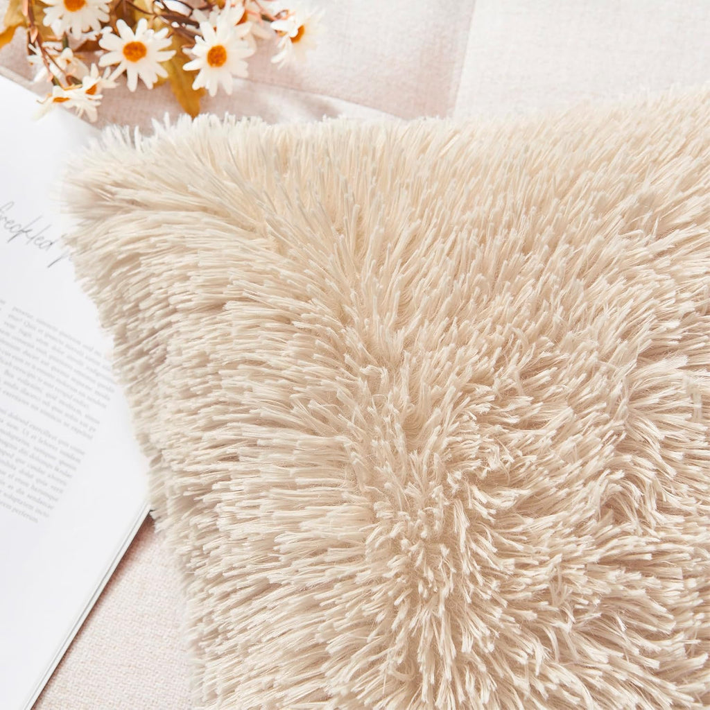 Luxury Soft Faux Fur Fleece Cushion Cover Pillowcase Decorative Throw Pillows Covers, No Pillow Insert, 18" X 18" Inch, Beige, 2 Pack