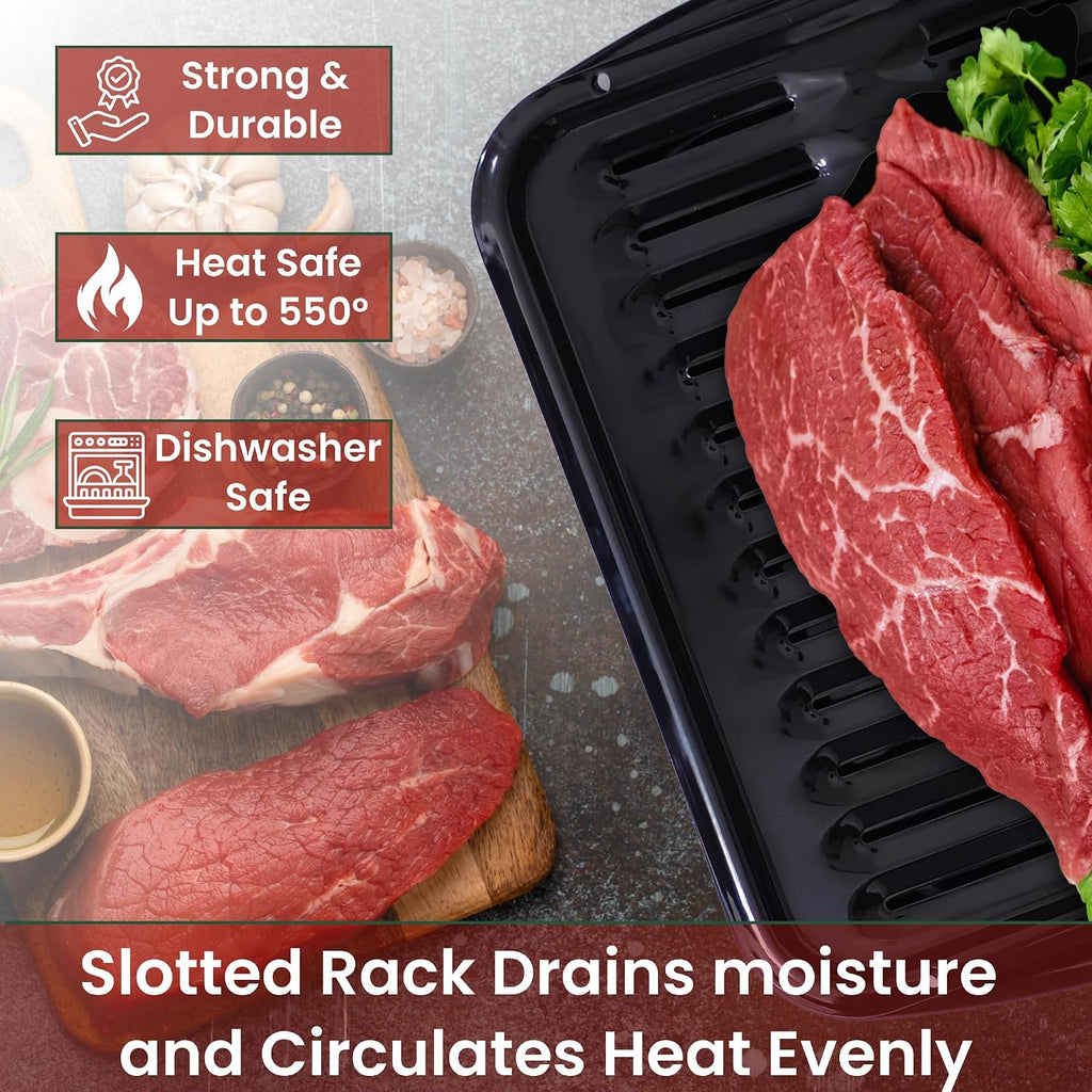 Broiler Pan For Oven Nonstick 16.75” X 13” Porcelain Nonstick Coated - Broiling Pan For Oven Withstands Heat Up To 550° F - Heavy Duty Broil Pans And Rack Circulates Heat And Drains Fat (Black)