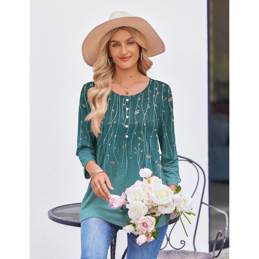 3/4 Length Sleeve Womens Tops Round Neck Casual Summer Tunic Tops Basic Tees Blouses Dressy T-Shirts Pleated Shirts