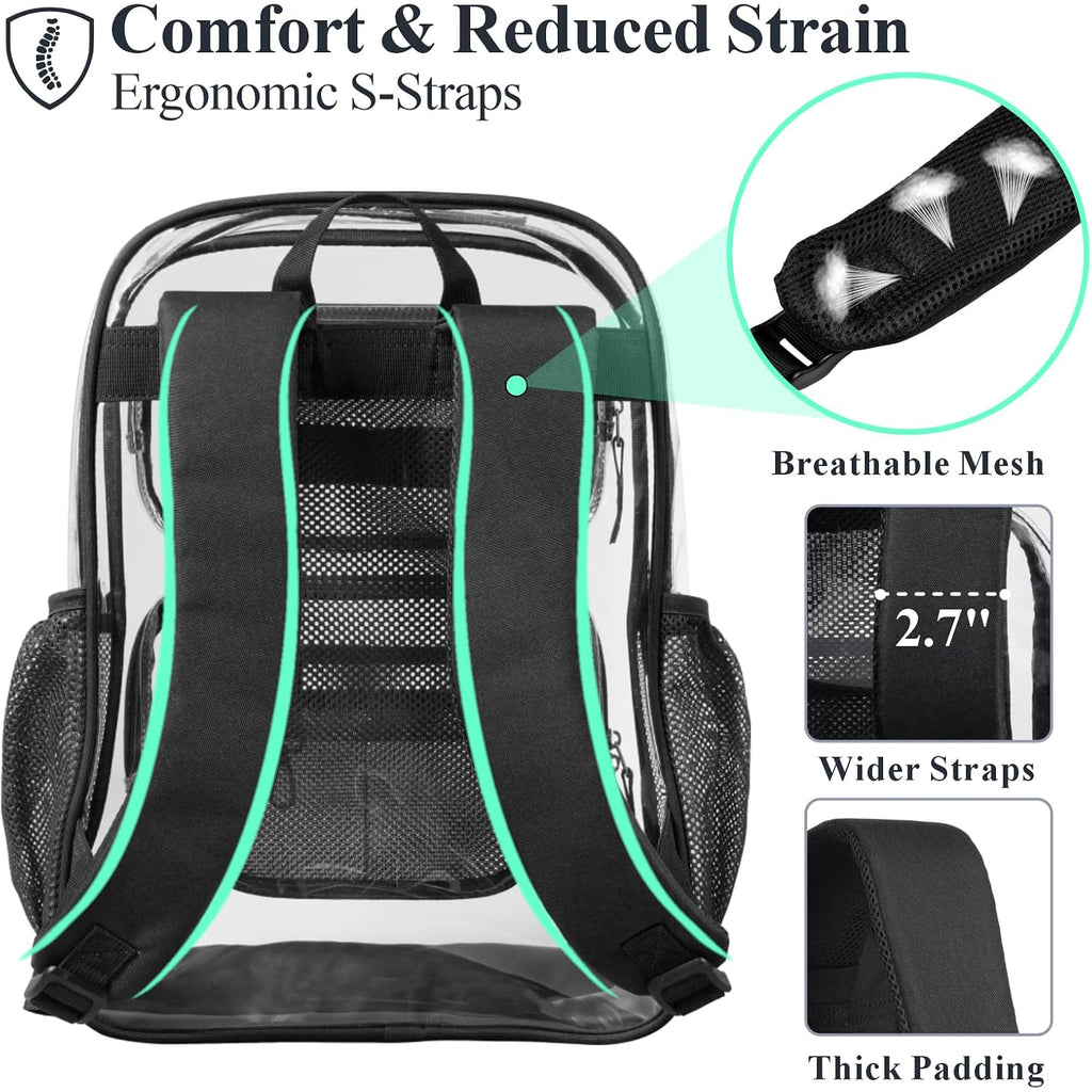 Clear Backpack For School - 17 Inch Heavy Duty Clear Bookbag | 2 Front Pockets, Reinforced 900D Oxford Base, Padded Straps, 0.5Mm Thick Pvc, Fit 16"Laptop, Load 22 Lbs. Age 12+ Students
