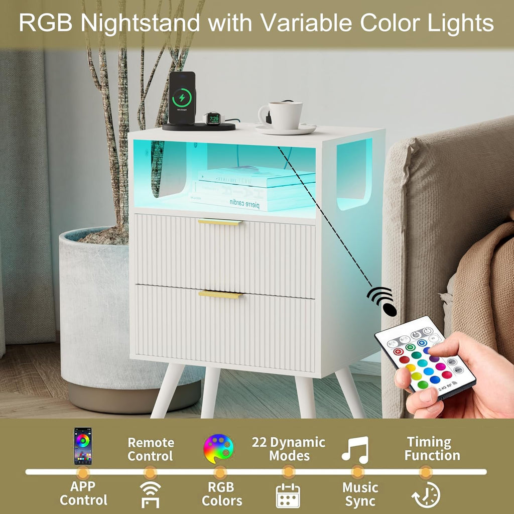 White Nightstand With Charging Station And Led Lights,Modern Bedside Table With 2 Storage Drawer And Open Wood Shelf, For Bedroom And Small Spaces,Night Stand With Solid Wood Legs,White