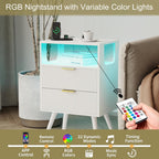 White Nightstand With Charging Station And Led Lights,Modern Bedside Table With 2 Storage Drawer And Open Wood Shelf, For Bedroom And Small Spaces,Night Stand With Solid Wood Legs,White