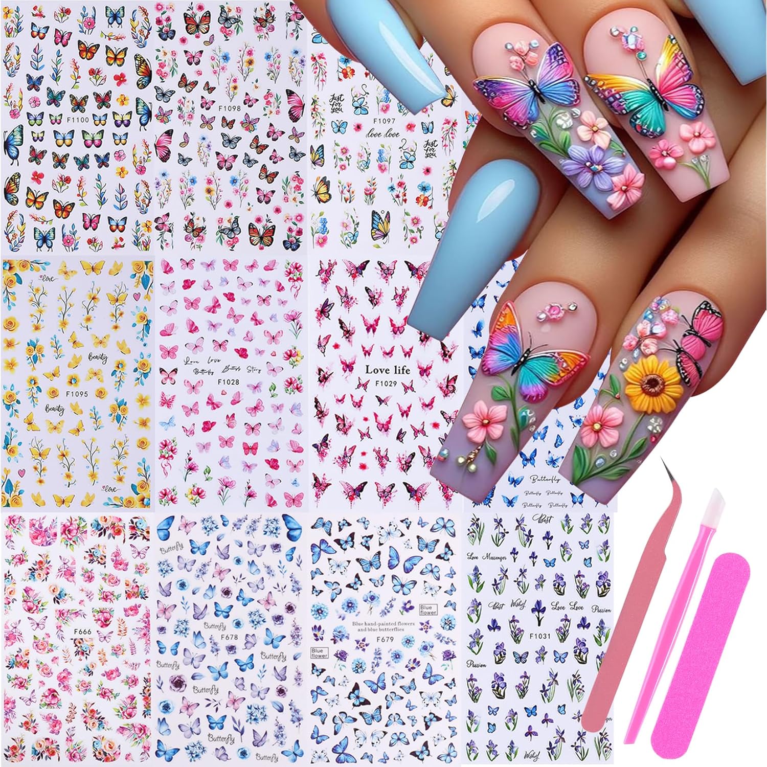 Butterfly Nail Art Sticker Decals 14 PCS Spring Flower Nail Decals with Tweezers 3D Self Adhesive Stickers Colorful Butterflies Designs Nail Art Decoration Manicure Supplies for Women