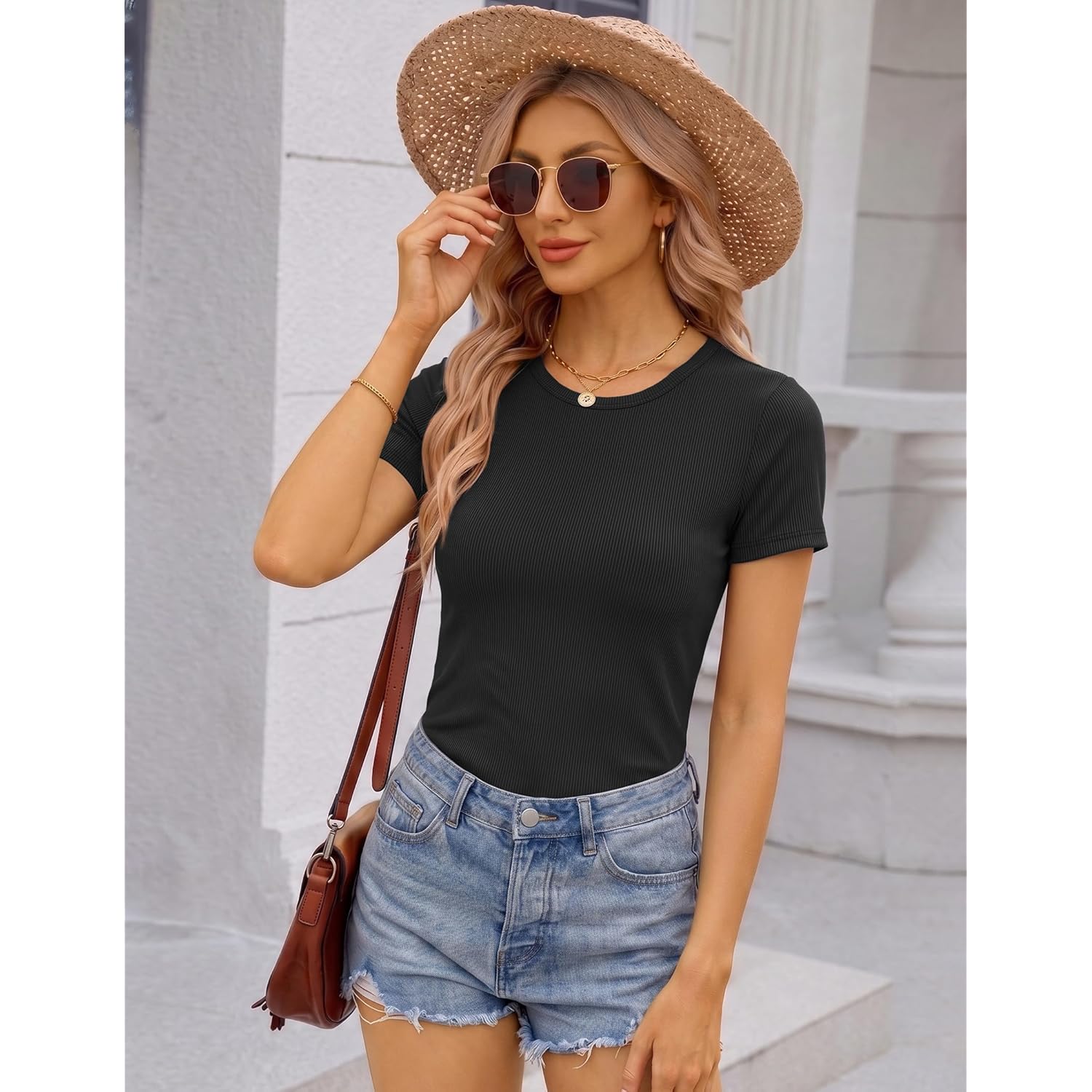 Women Short Sleeve Shirts Lightweight Basic Tops Ribbed Knit Outfit Tees Crew Neck T-Shirts Work Out Blouse
