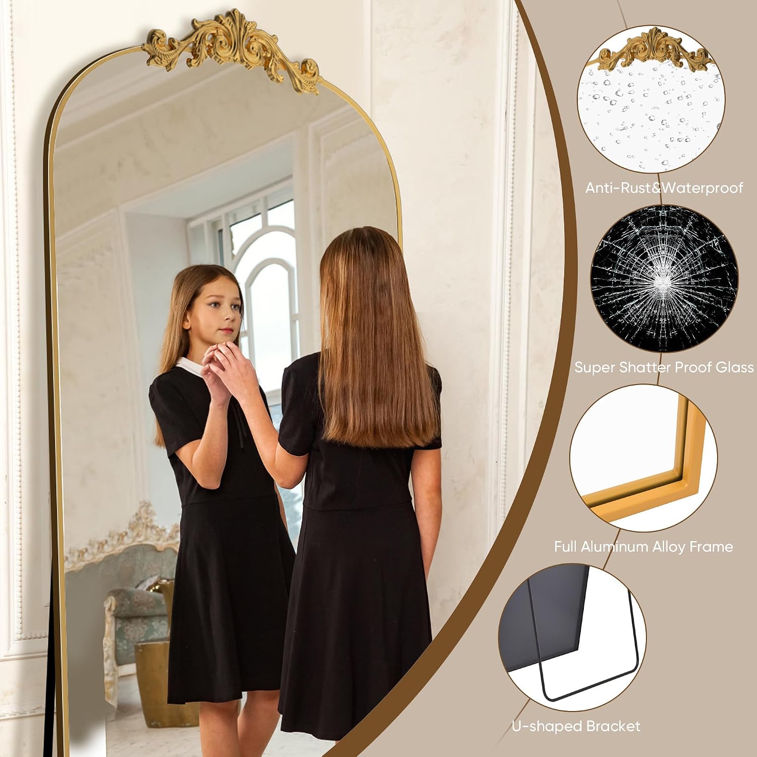 Antok Arched Full Length Mirror, 71"X28" Floor Mirror With Carved, Full Body Mirrors For Homedecor, Standing/Halling Large Wall Mirror For Bedroom, Living Room, Cloakroom, Gold, Retro Style