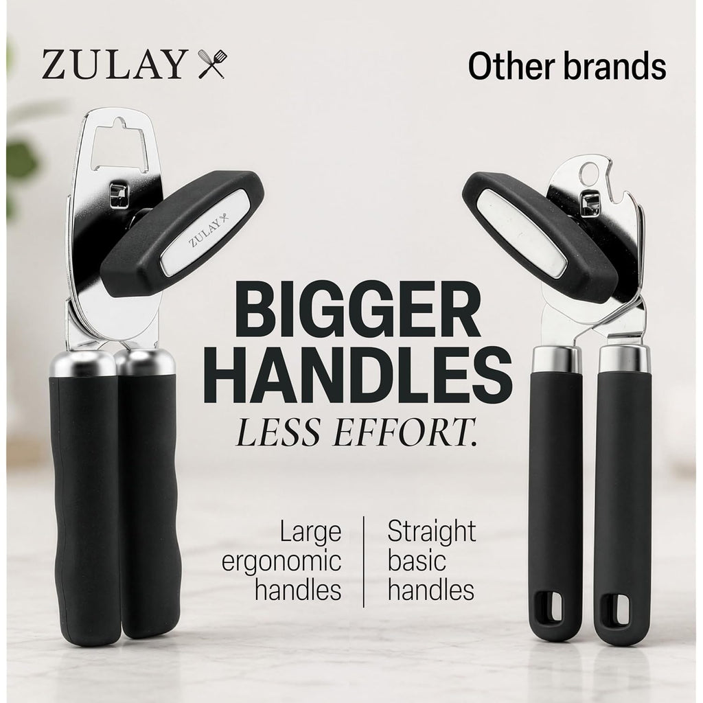 Zulay Kitchen Heavy Duty Stainless Steel Can Opener Manual With Bottle Opener - Rust Proof Manual Can Opener With Turn Knob & Comfy Soft Grip Handles - Black