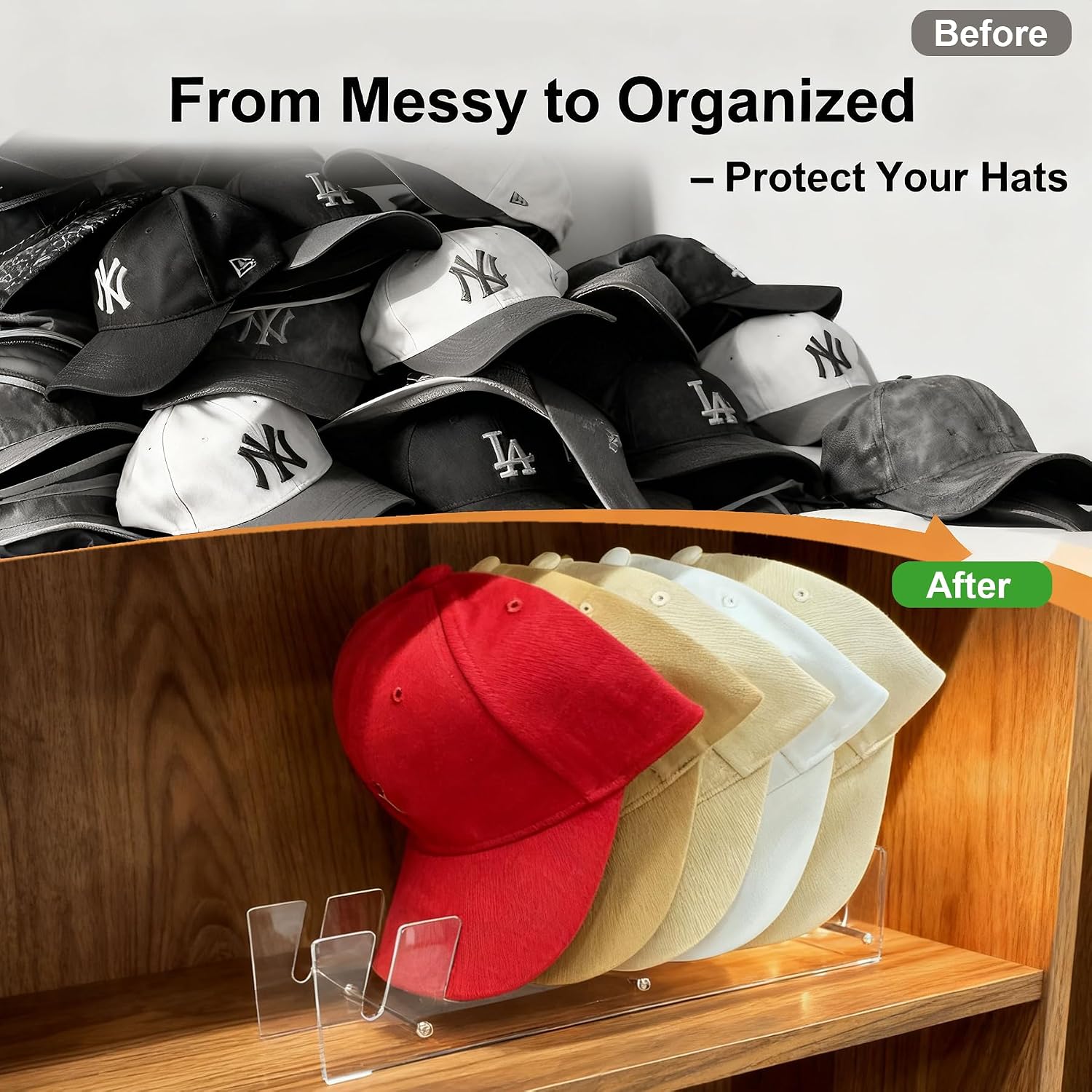 Caruuyi Hat Stand Organizer For Baseball Caps, Acrylic Hat Holder & Rack, 2Pcs Clear Stand For 16 Caps, Ideal For Bedroom, Closet, Dresser, Office And Entrance (2, Clear)