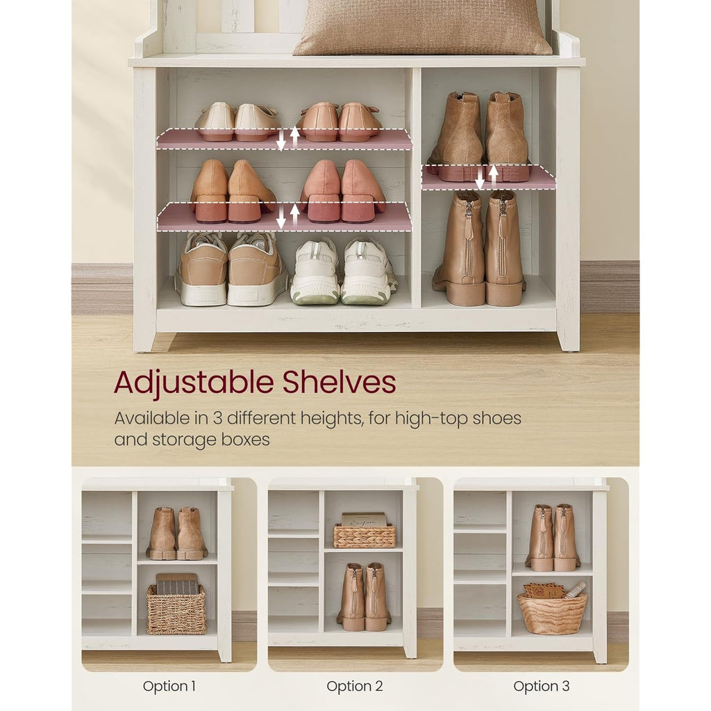 VASAGLE Hall Tree with Bench and Shoe Storage, Coat Rack with Shoe Bench, 7 Double Hooks for Jackets, Hats, Entryway, Bedroom, Living Room, 13.8 x 31.9 x 70.9 Inches, Rustic White UHSR414W01