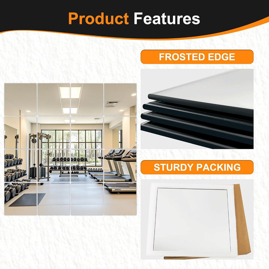 Home Gym Mirrors, 12'' X 12'' Glass Mirror Tiles, 16 Pcs | Square Large Wall Mirror, For Home Gym, Bedroom, Door, Bathroom, Frameless Mirror Sets