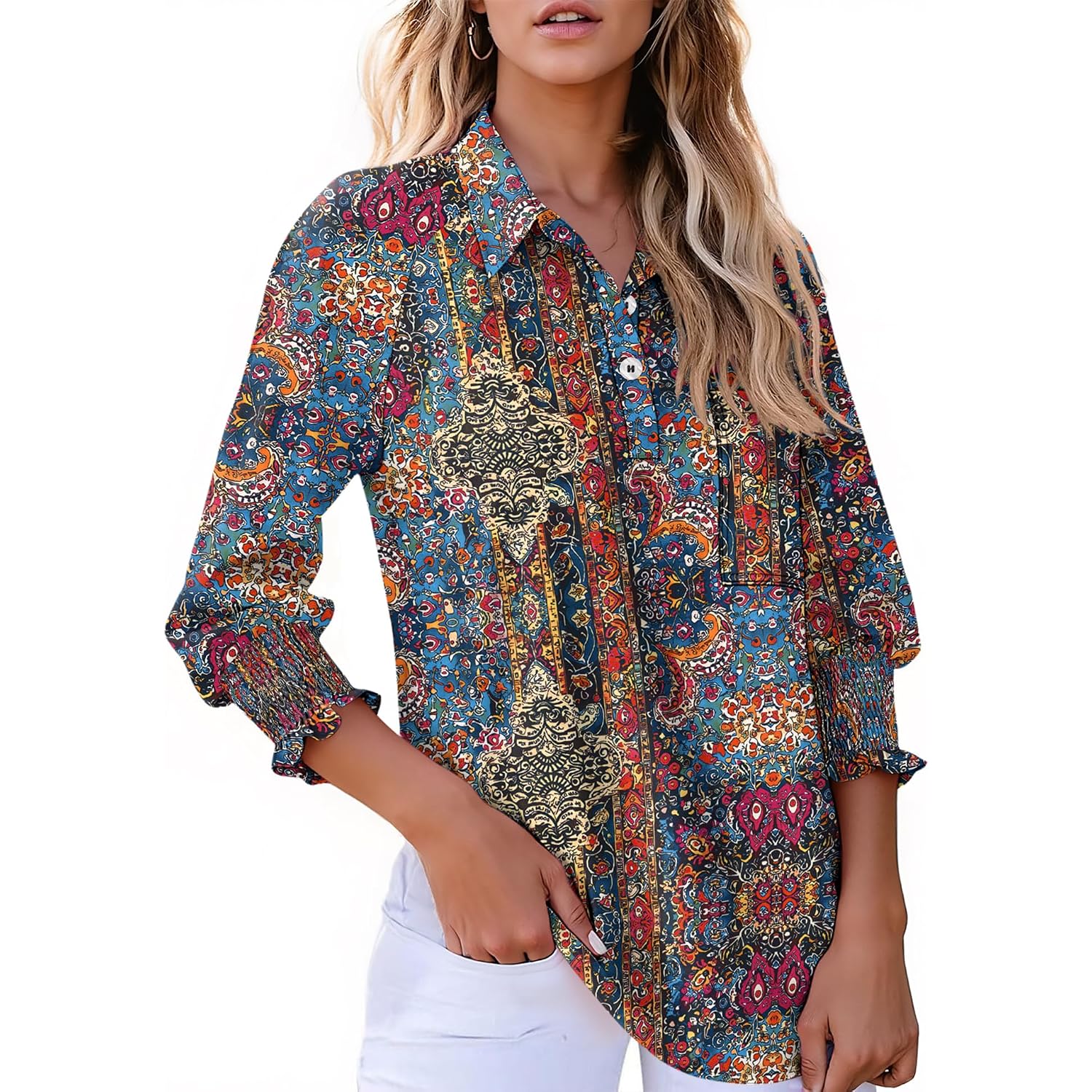 Kistore Women Blouses 3/4 Sleeve Button Down Shirts Smocked Cuffed Business Dressy Casual Tops With Pocket S-Xxl