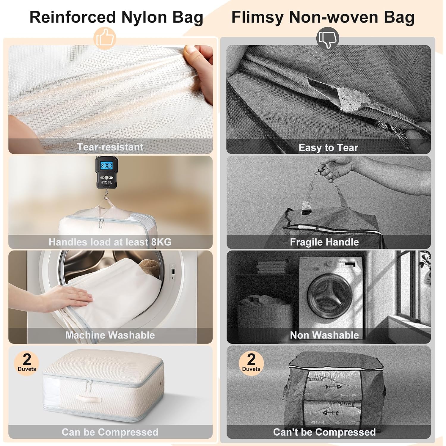 Comforter Storage Bag - Large Capacity Blanket Storage Bags 3-Layer Ultra Space Saving Self Compression Organizer, Washable Compression Bags For Storage Comforter Blanket, 2-Pack, Beige