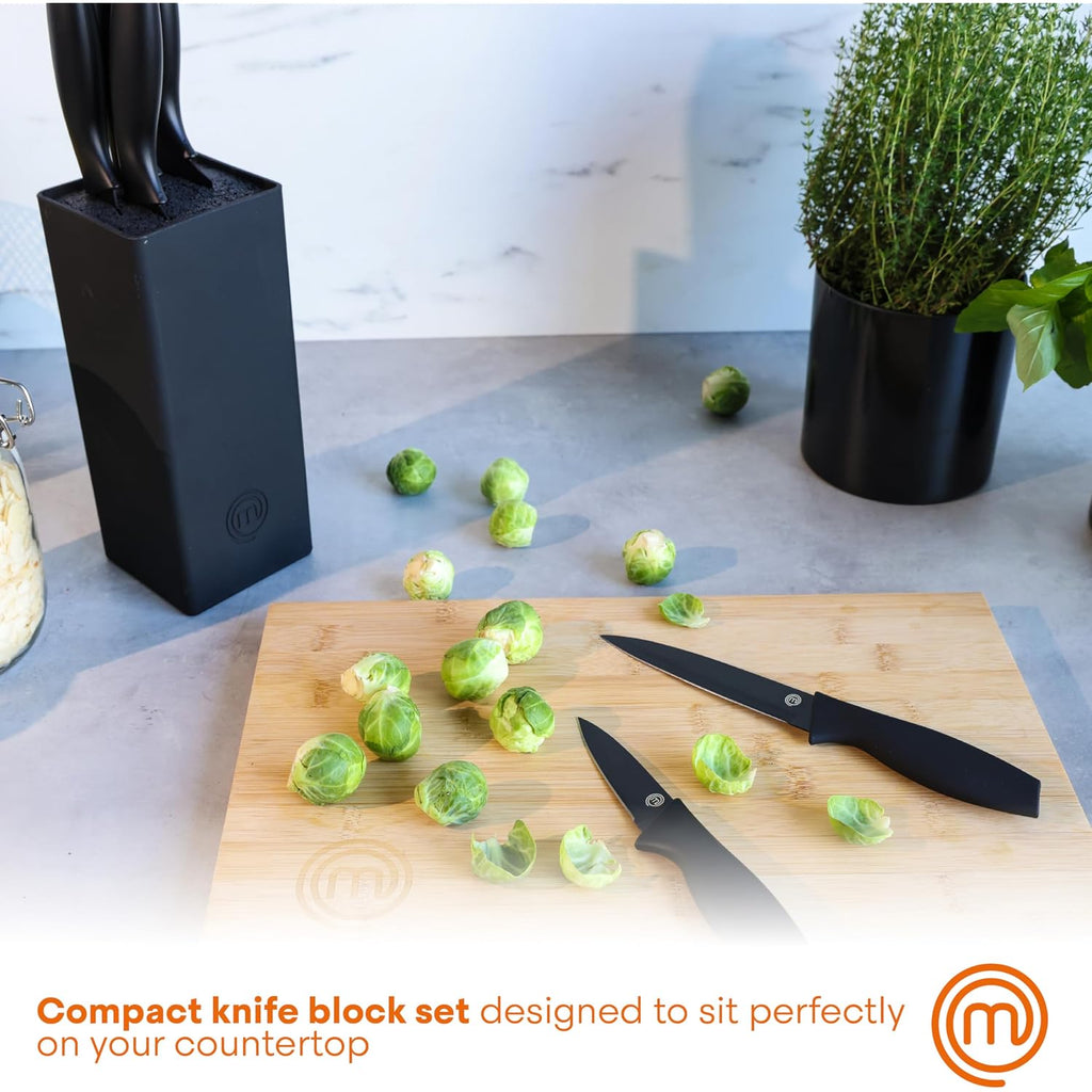 Masterchef Knife Set With Block, 6 Kitchen Knives And A Universal Knife Holder, Extra Sharp Stainless Steel Blades For Precise Cutting With Non Stick Coating & Soft Touch Easy Grip Handles, Black
