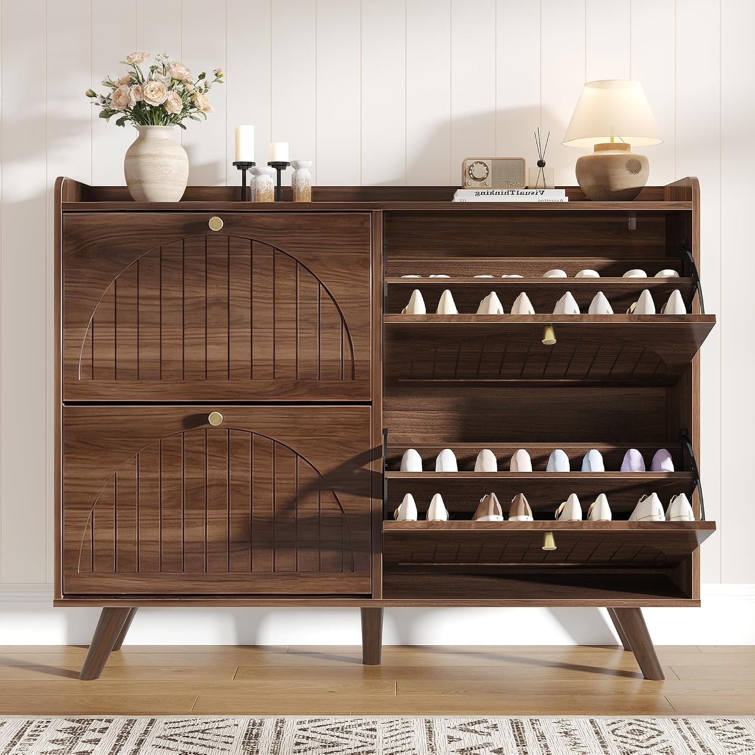 Decofy 47.2” Shoe Cabinet With 4 Flip-Down Drawers, Three Adjustable Levels, Freestanding Wooden Shoe Rack, Suitable For Entryway, Hallway, And Living Room (Walnut)