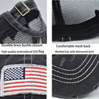 IZUS Women's American-Flag Baseball-Caps Distressed-Brim Washed-Cotton High-Ponytail Mesh-Back Dad-Trucker-Hat Black (54-60cm)