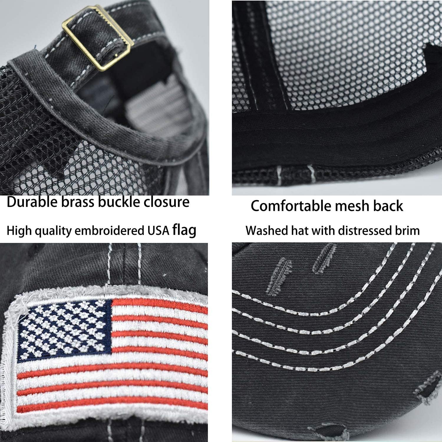 IZUS Women's American-Flag Baseball-Caps Distressed-Brim Washed-Cotton High-Ponytail Mesh-Back Dad-Trucker-Hat Black (54-60cm)