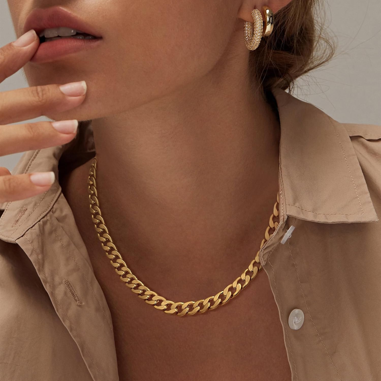 Moodear Gold Necklace for Women Dainty Chunky 14K Gold Plated/Sliver Plated Chain Necklace Cuban Link Paperclip Chain Choker Toggle Clasp Layered Necklace for Women Trendy Fashion Gift