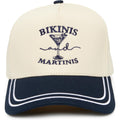 Funky Junque Trucker Hats for Women - Funny Retro 2 Tone Snapback Cap with Embroidered Brim, Cute Country Western Style Bikinis and Martinis - Navy/Beige