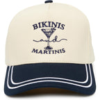Funky Junque Trucker Hats for Women - Funny Retro 2 Tone Snapback Cap with Embroidered Brim, Cute Country Western Style Bikinis and Martinis - Navy/Beige
