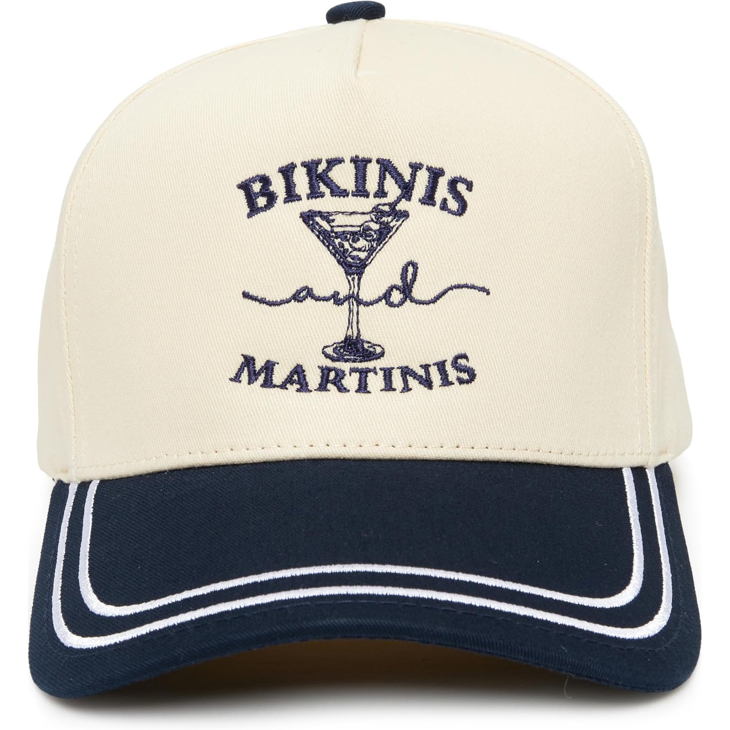 Funky Junque Trucker Hats for Women - Funny Retro 2 Tone Snapback Cap with Embroidered Brim, Cute Country Western Style Bikinis and Martinis - Navy/Beige