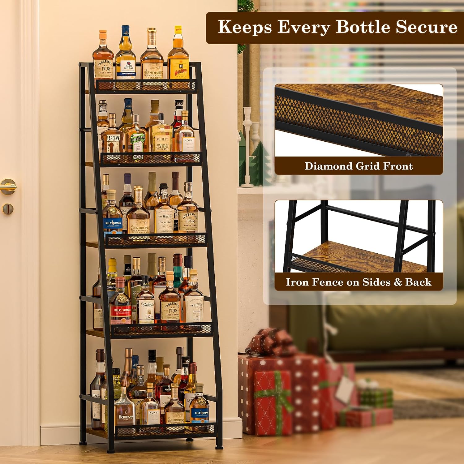 5-Tier Trapezoid Liquor Stand For Home Bar, Large-Capacity Liquor Cabinet Bar For Home, Stepped Wine Rack Freestanding Floor For Whiskey, Corner Wine Bottle Display Shelf With Fences For Living Room