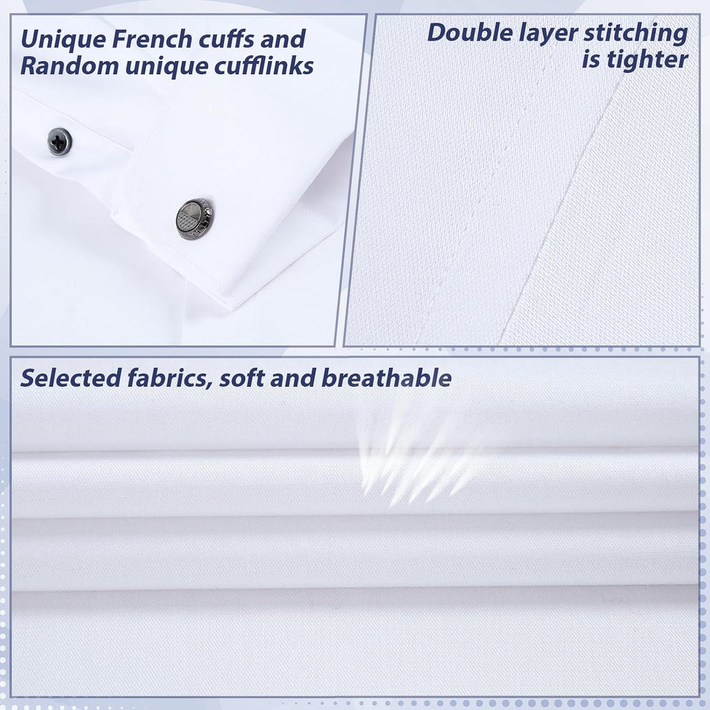 Gollnwe Men'S Dress Shirt French Cuff Shirt For Men Slim Fit Stretch Spread Collar With Metal Cufflink